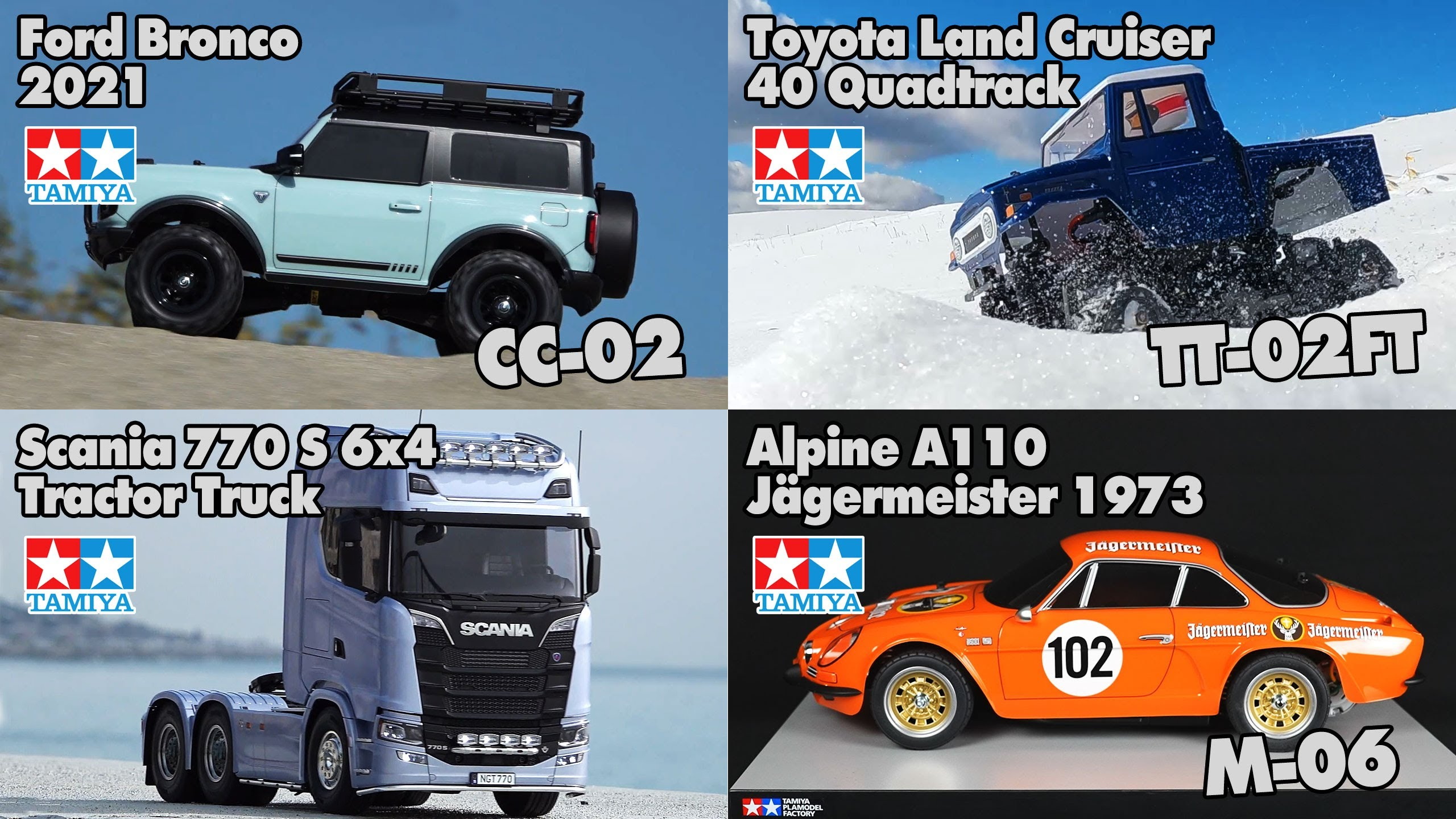 Official Tamiya product videos of new 56368 1/14 Scania 770 S 6X4 Semi  Truck, 58704 Toyota Land Cruiser 40 Pick-Up Quadtrack (GF-01FT), 58705 Ford  Bronco 2021 (CC-02) & 58708 Alpine A110 Jägermeister 1973 (M-06) -  TamiyaBlog