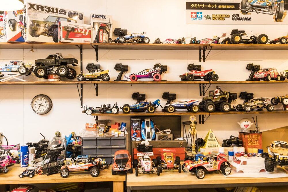 Some of Jun Watanabe's customised Tamiya off-road cars at 